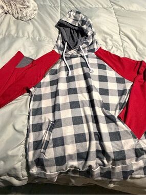 MED Plaid Hooded Pullover Sweatshirt with Red Raglan Sleeves